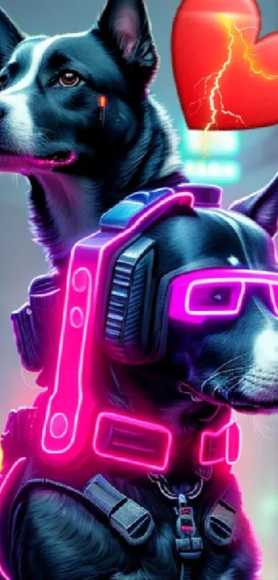 Futuristic dogs with neon elements and heart.