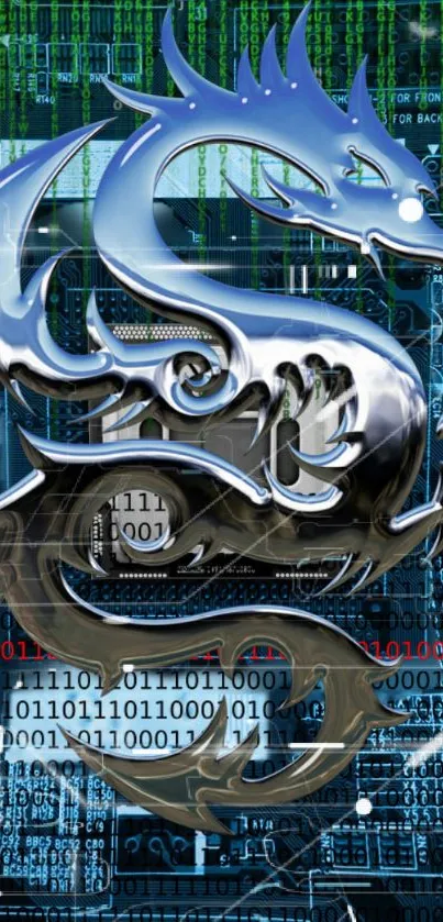 Futuristic cyber dragon with blue digital code overlay.