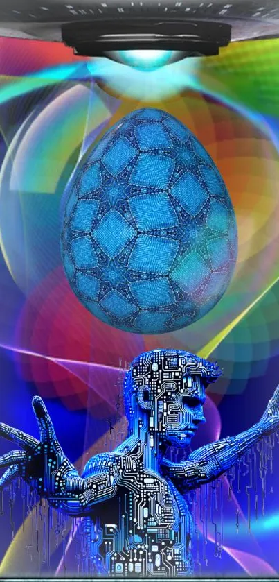 Futuristic phone wallpaper with a digital human and a colorful cyber egg design.