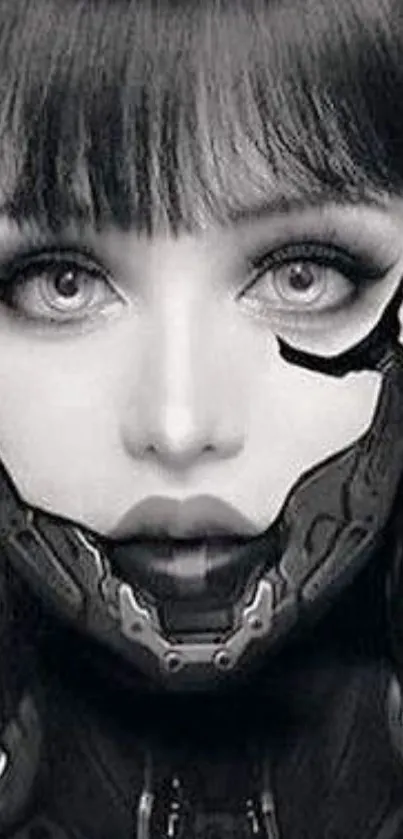 Futuristic cybernetic face art in monochrome style.