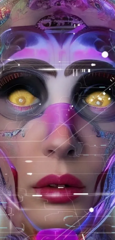 Futuristic cyber face art with vivid purple tones and intricate design.