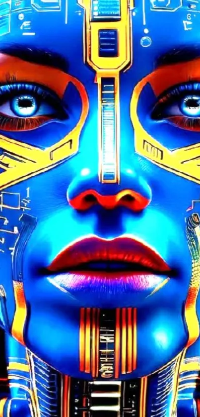 Futuristic face with vibrant digital design in blue and gold hues.