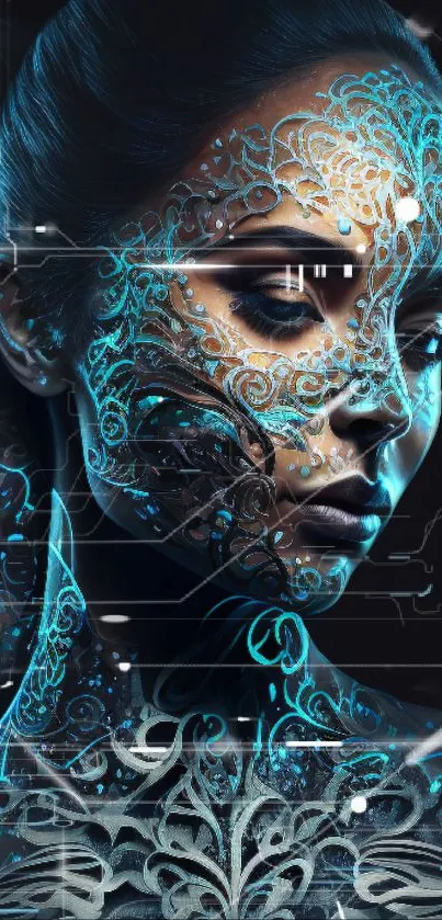 Futuristic cybernetic face art with glowing blue accents for mobile wallpaper.