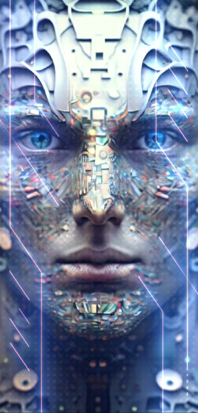 Futuristic cyber face with intricate digital designs and vibrant colors.