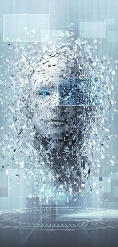 Futuristic digital face blending human and tech elements on a light blue background.