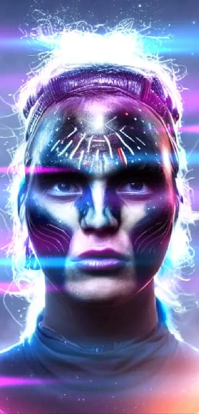 Futuristic cyber face art with neon lights and galaxy background.