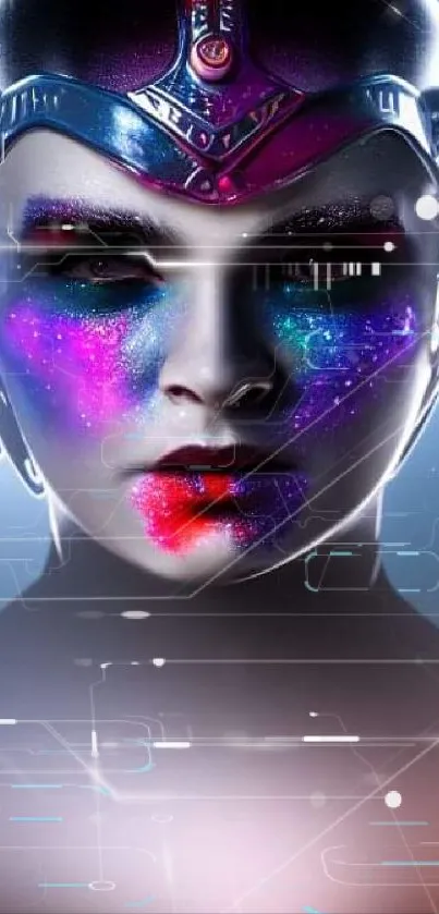 Futuristic cyber face art with vibrant cosmic colors.