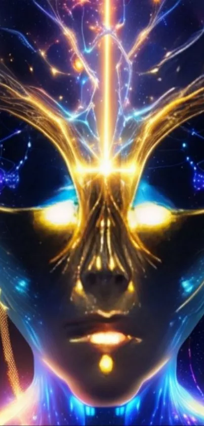 Futuristic cybernetic face with blue and gold energy patterns.