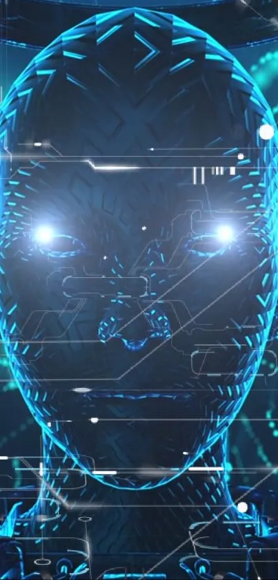 Futuristic cyber face with glowing blue eyes on wallpaper.