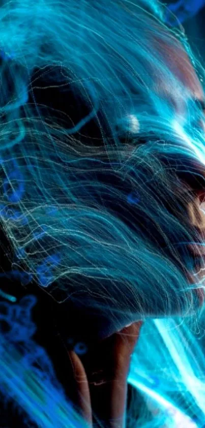 Futuristic cybernetic face with electric blue waves.