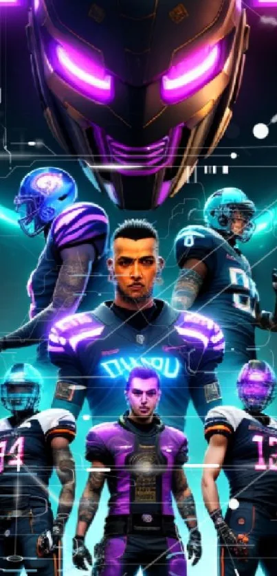 Futuristic cyber football scene with neon lights and athletes.