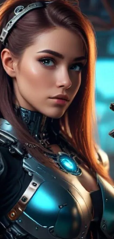 Futuristic cyborg woman in high-tech armor.