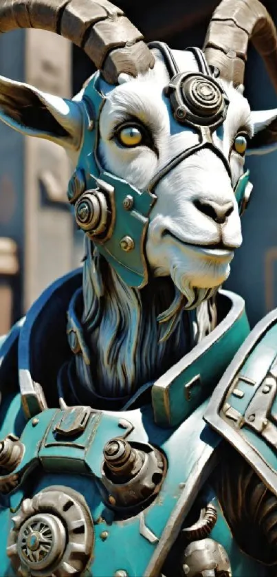 Futuristic cyber goat in teal armor with robotic elements.