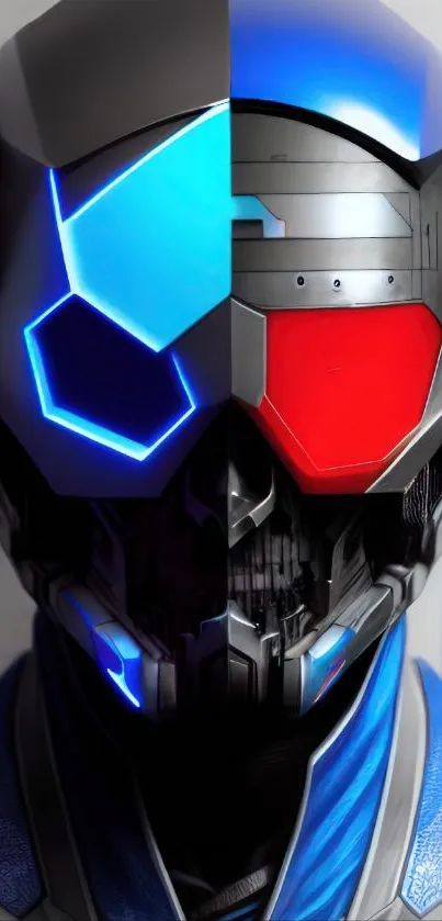 Futuristic cyber helmet with blue and red neon lights.