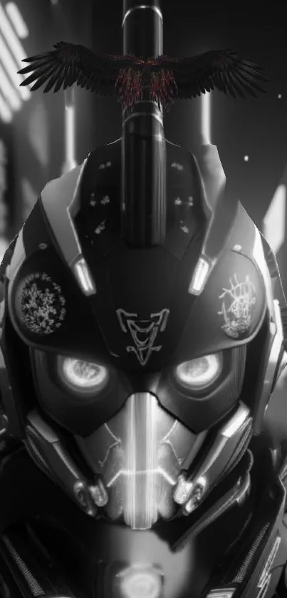 Grayscale cyber helmet wallpaper with neon accents.