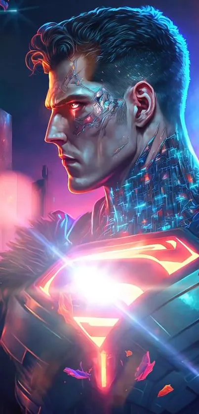 Futuristic superhero with glowing neon details in vibrant colors.