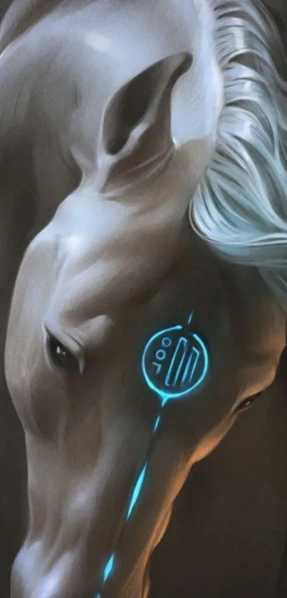 Cyber-enhanced horse with glowing blue digital designs on dark background.