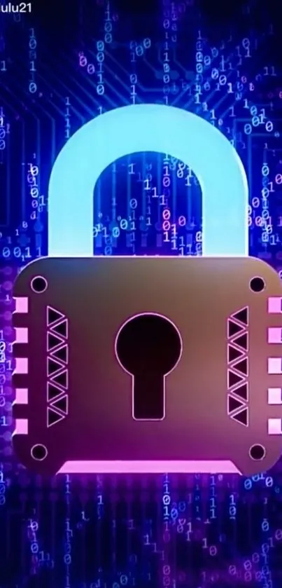 Futuristic glowing padlock with digital background in purple hues.