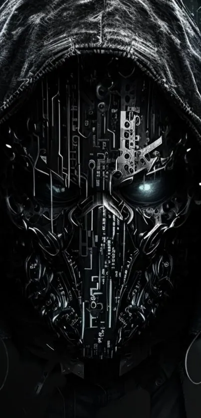 Cyberpunk wallpaper with dark hooded figure and robotic face.