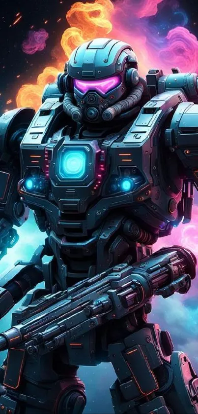 Futuristic armored robot with neon colors against galactic background.