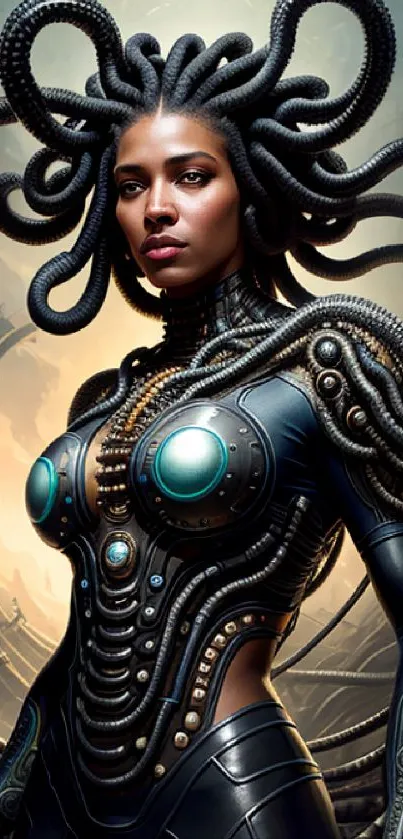 Futuristic Medusa art with cyber elements and mythological themes.