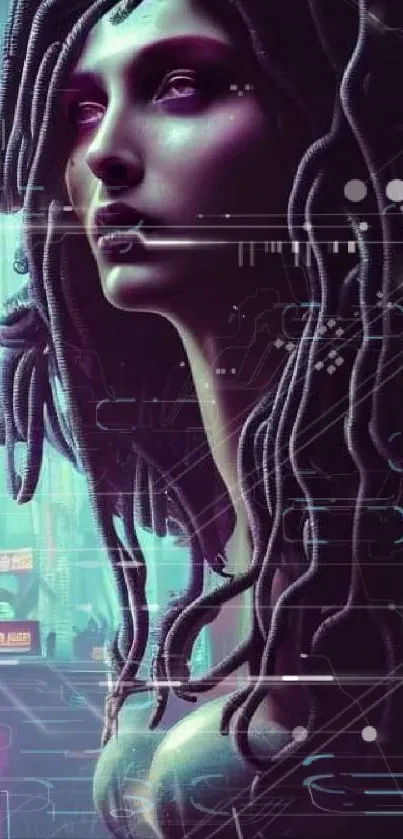 Cyber Medusa with neon lights in a futuristic cityscape.