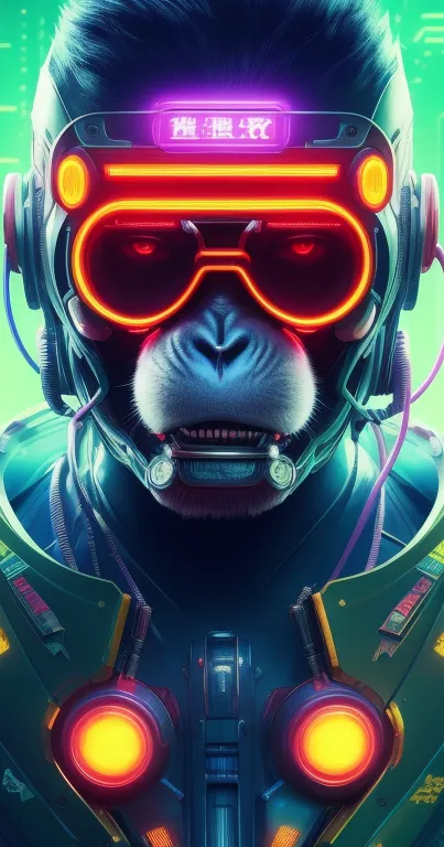 Futuristic cyber monkey with neon colors in high-tech design.