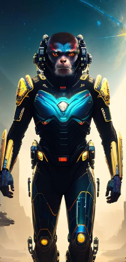 Futuristic cyber monkey warrior with galactic backdrop.