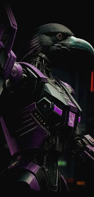 Cybernetic raven with purple accents on a dark background.