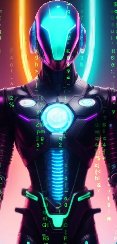 Futuristic robot with neon lights and a digital matrix background.