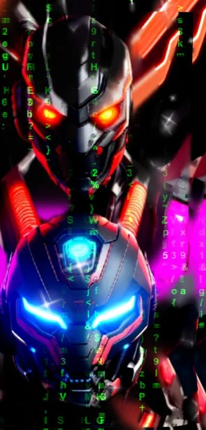 Futuristic robots with neon lights and digital matrix code in a sci-fi wallpaper.