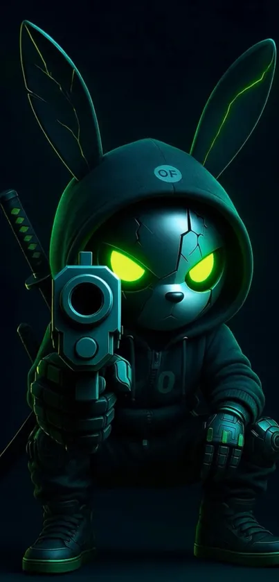 Cyberpunk samurai bunny with glowing eyes.