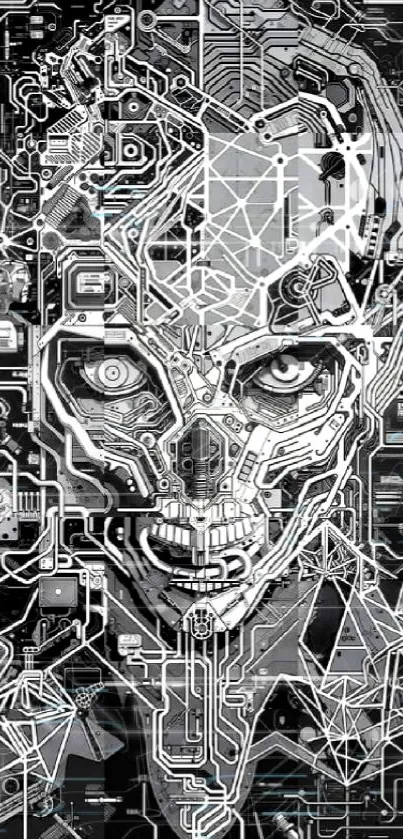 Intricate cyber skull with digital circuits, perfect for a tech-themed wallpaper.