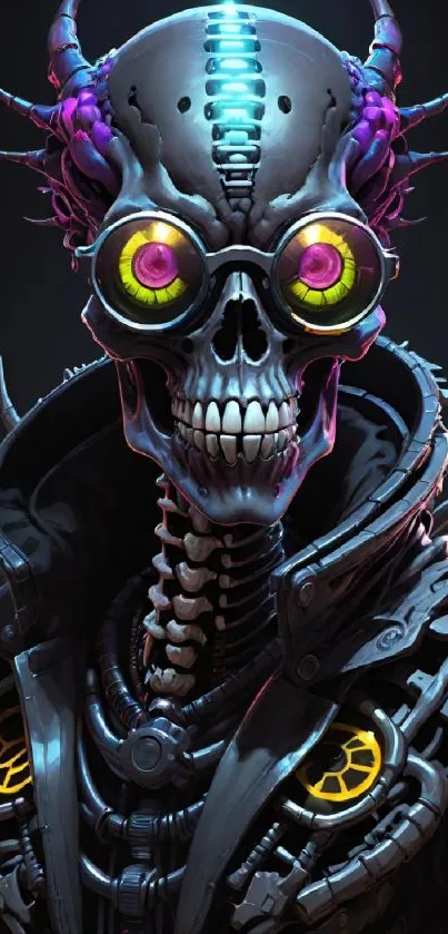 Futuristic cyber skull art with vibrant colors featuring intricate robotic details.