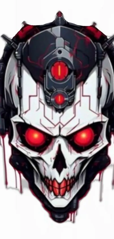 Futuristic cyber skull illustration with red eyes.