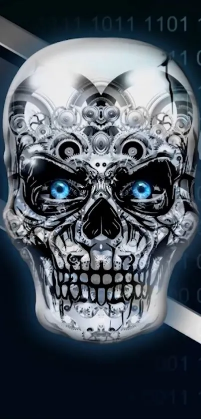 Futuristic metallic skull with blue eyes on a dark background.