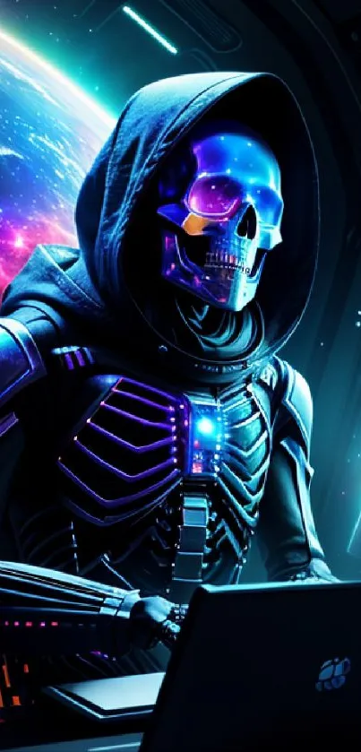 Futuristic cyber skull with galaxy background.