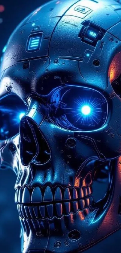 Futuristic cybernetic skull glowing with blue light in digital art wallpaper.