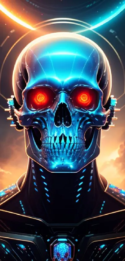 Futuristic cyber skull with vibrant neon hues dominates the mobile wallpaper.