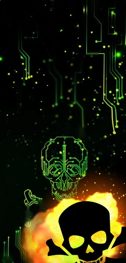 Futuristic neon cyber skull wallpaper with glowing circuit design.