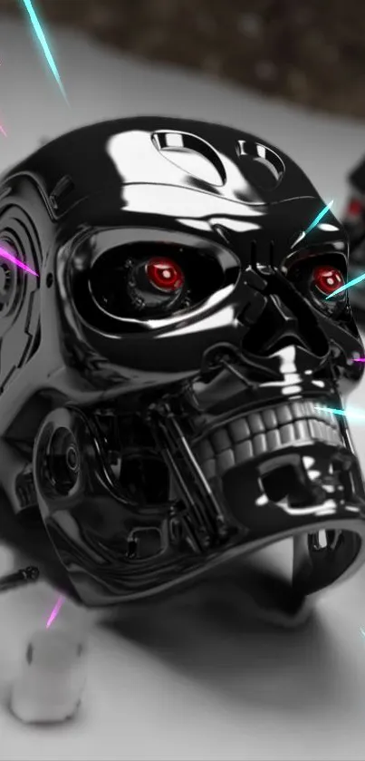 Futuristic cyber skull with glowing red eyes.