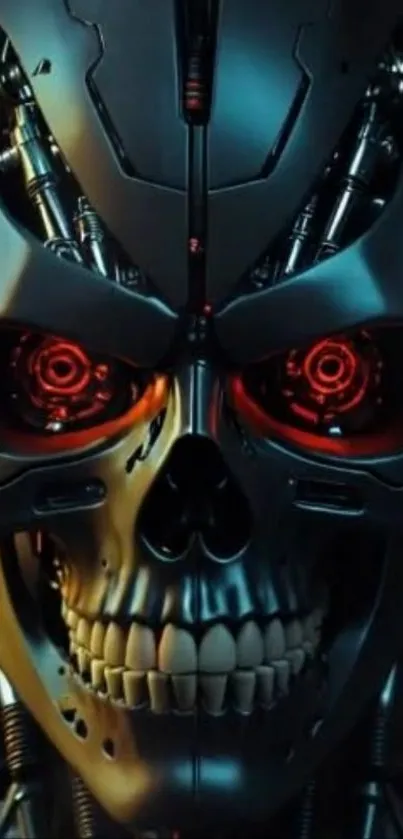 Futuristic cybernetic skull with red eyes