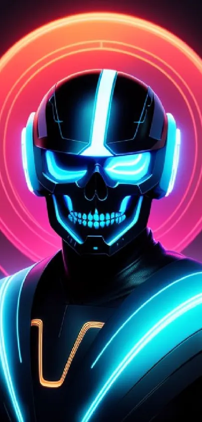 Futuristic cyber skull in neon blue and red with glowing effects.