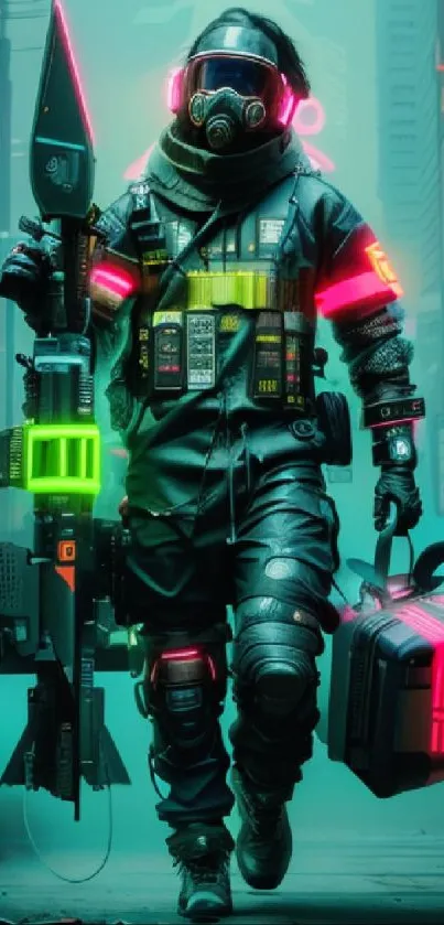 Futuristic cyber soldier in neon cityscape with vibrant colors.