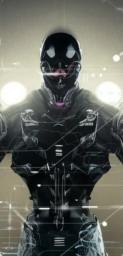 Futuristic cyber soldier in black armor against bright lights.