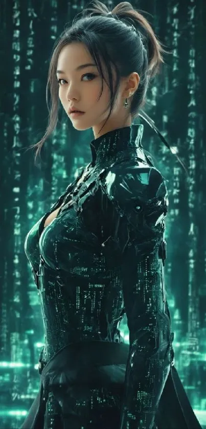 Futuristic figure in a digital emerald setting with glowing symbols.