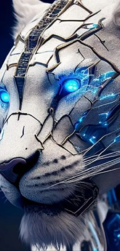 Futuristic cybernetic tiger with glowing blue eyes in digital wallpaper art.