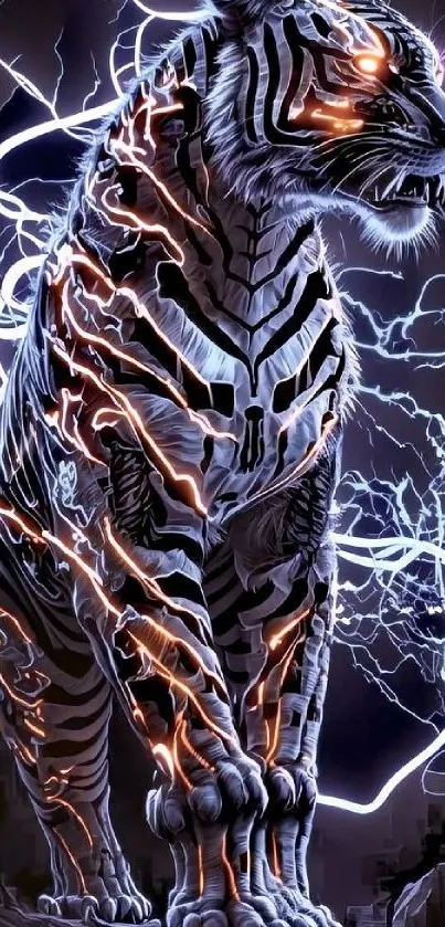 Cyber tiger with neon lights and lightning.