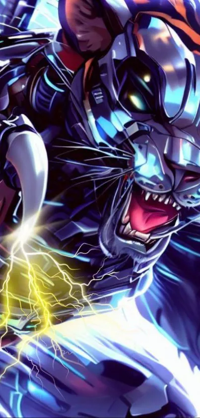 Futuristic cybernetic tiger with neon lights and metallic features.