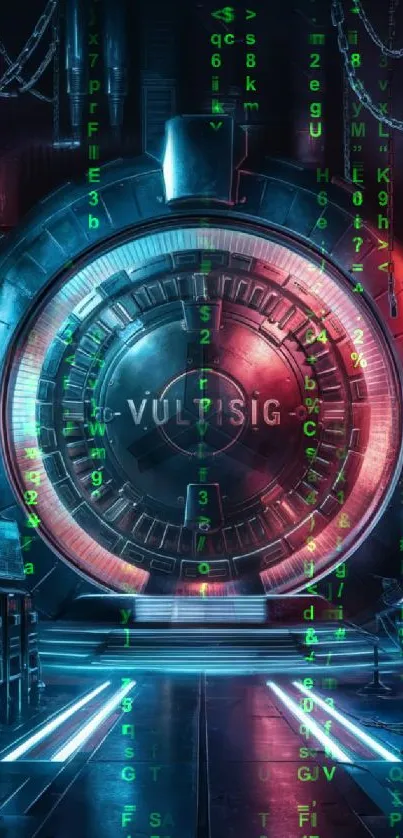 Futuristic digital vault with glowing cyber elements and sci-fi atmosphere.